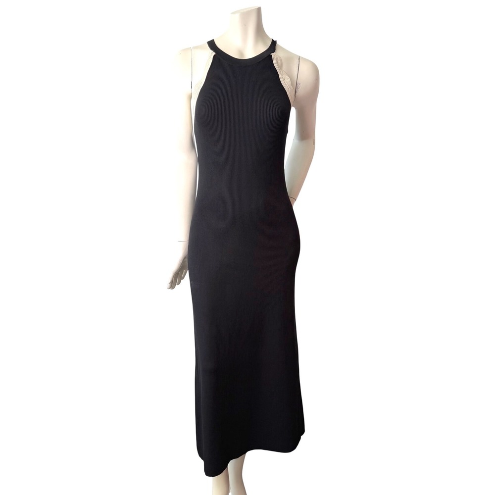 RW&CO Ribbed Knit Maxi Dress Braided Trim Halter Black Viscose Quiet Luxury Sz L